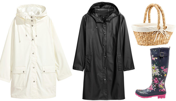 Vit regnjacka 599 kr, H&M, svart regnkappa 599 kr, KappAhl, gummistövlar 599 kr, Tom Joule/Zalando och svampkorg 119 kr, Biltema.