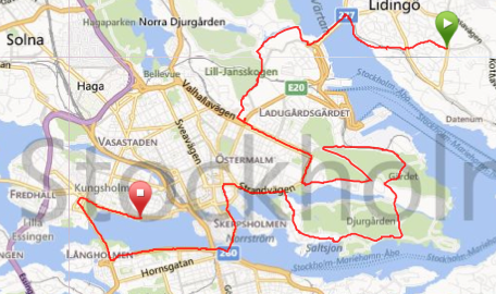 Från Lidingö, via Stadion, Djurgården, Gamla Stan, Söder Mälarstrand till macken på Norr Mälarstrand.